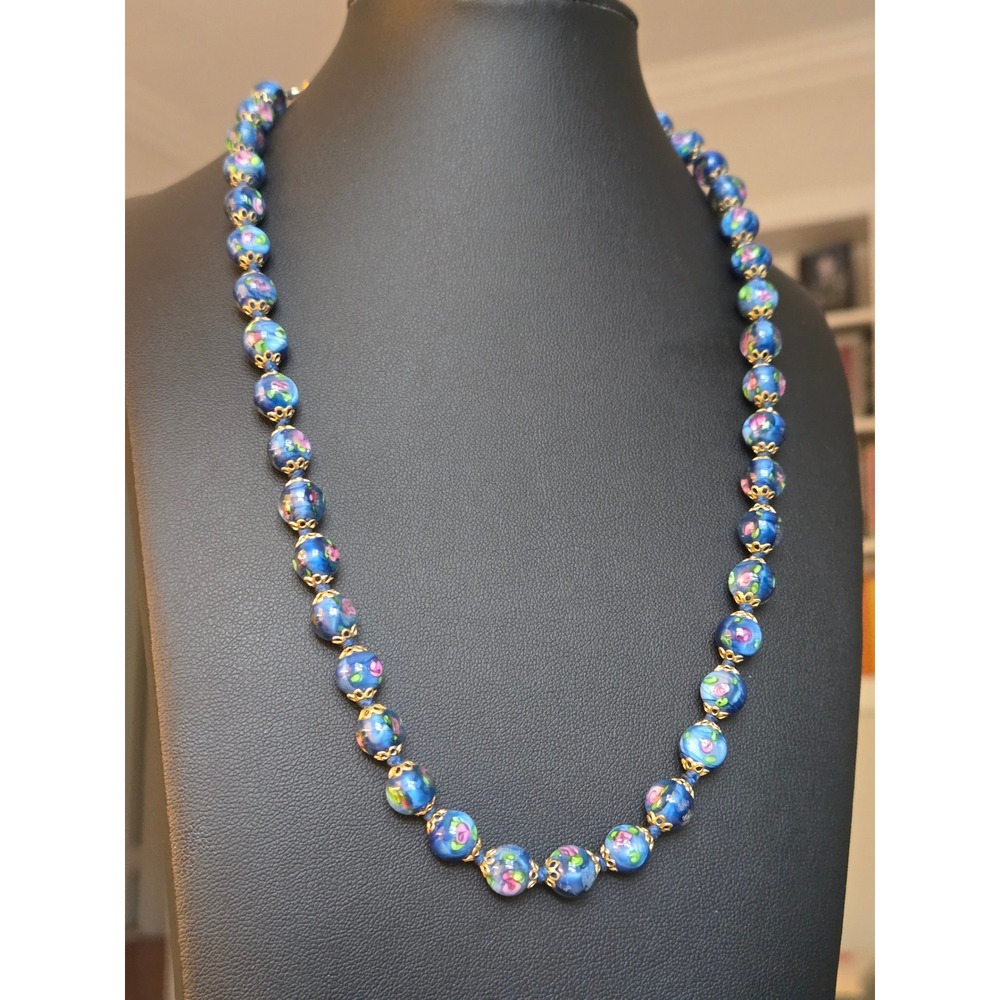 Estate Blue Floral Cloisonné Bead Necklace Vintage